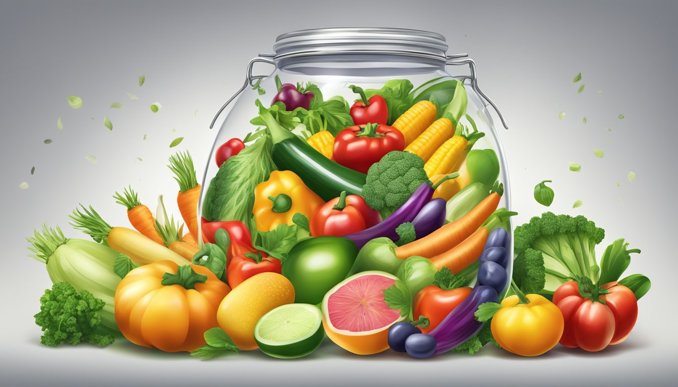 A colorful array of fresh vegetables and fruits tumbling into a glass jar, ready to be shaken up into a mix and match salad