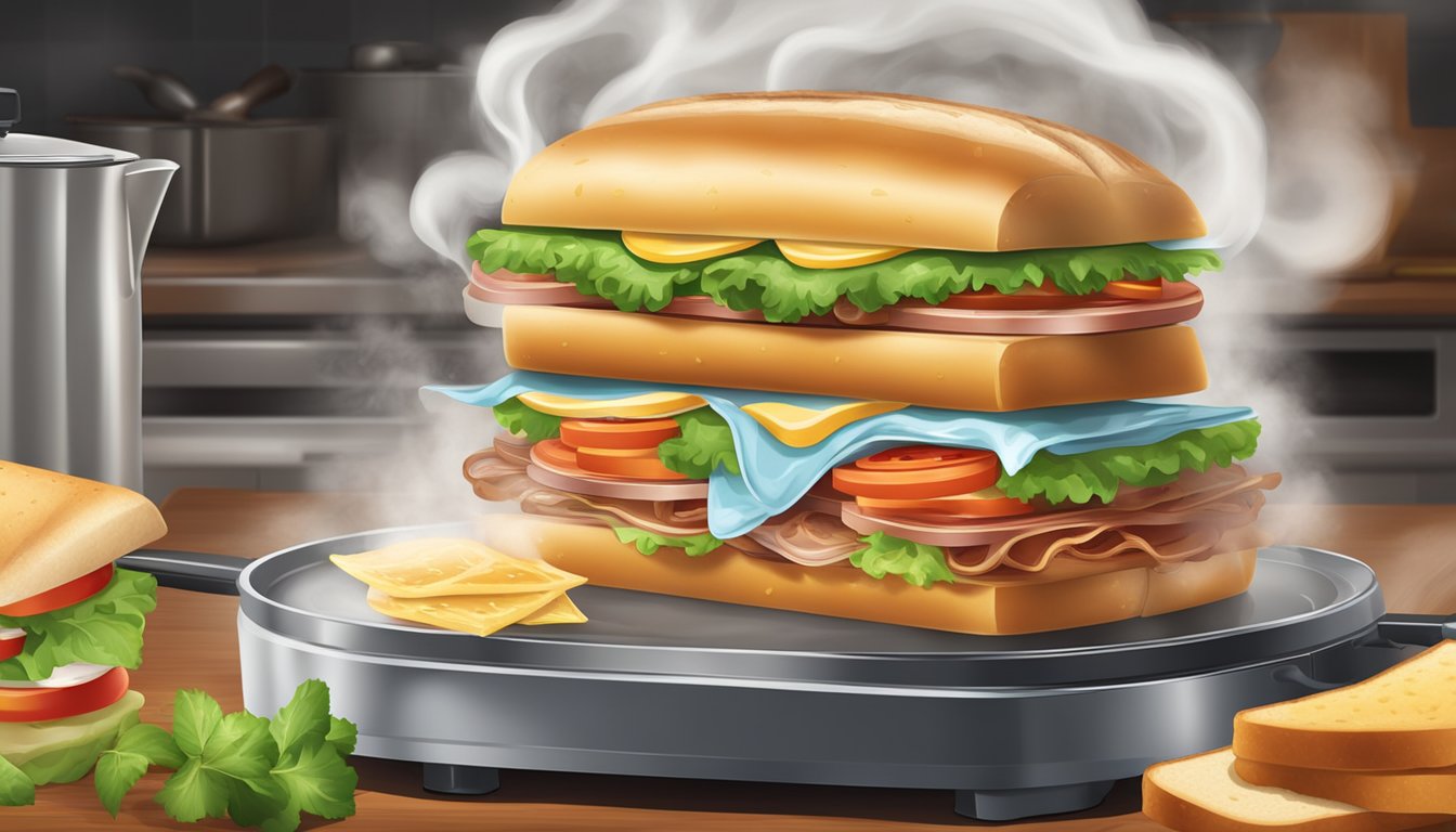 A hot iron presses a sandwich, steam rises from the sizzling ingredients