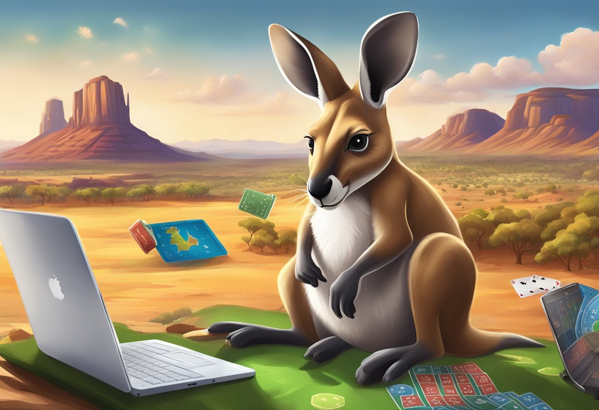 A kangaroo playing online casino games on a laptop while surrounded by iconic Australian landscapes