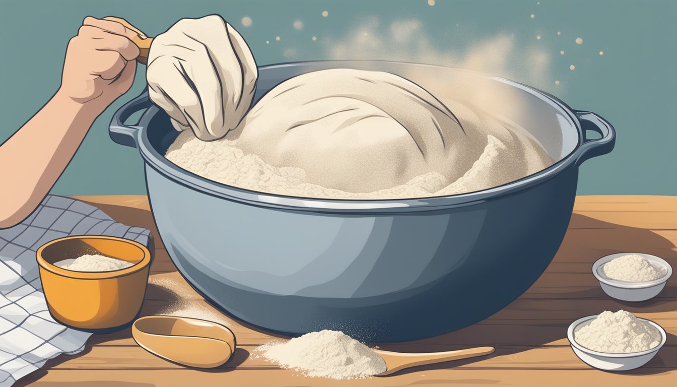 A pair of hands kneading dough in a mixing bowl, surrounded by flour, a wooden spoon, and a Dutch oven