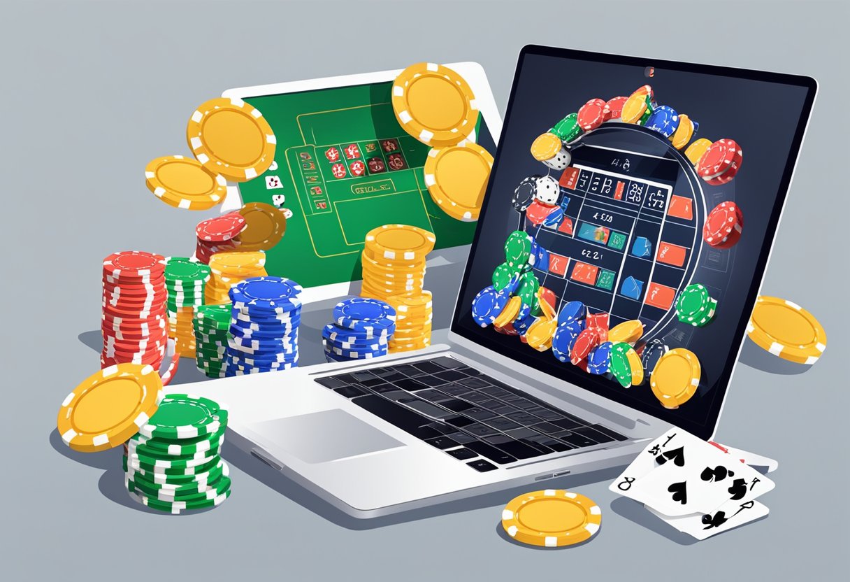 A laptop displaying various online casino websites, surrounded by a stack of poker chips and a deck of cards