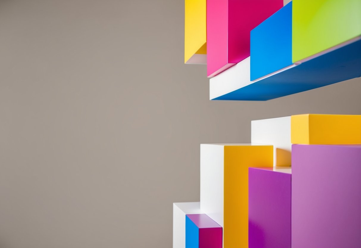 Lebendige Farben heben sich vor einem neutralen Hintergrund in einer modernen, abstrakten Komposition ab. Kräftige Formen und Linien erzeugen eine dynamische und energetische visuelle Wirkung.
