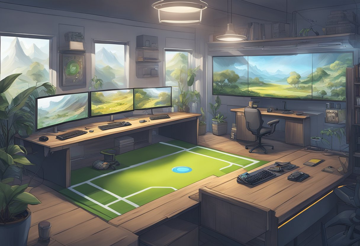 A serene gaming environment with clear guidelines and safety measures in place, surrounded by symbols of responsible gaming and player protections