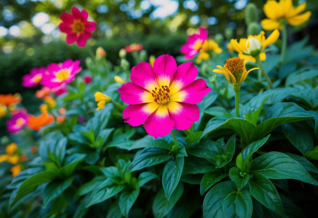 Lebhafte Blumen blühen zwischen üppigem grünem Laub in einem Garten