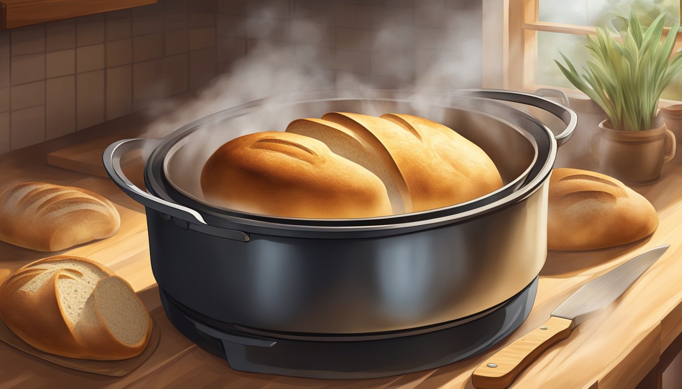 A dutch oven sits in a warm kitchen, filled with a freshly baked loaf of bread. Steam rises from the golden crust, hinting at the delicious variations and flavorings inside