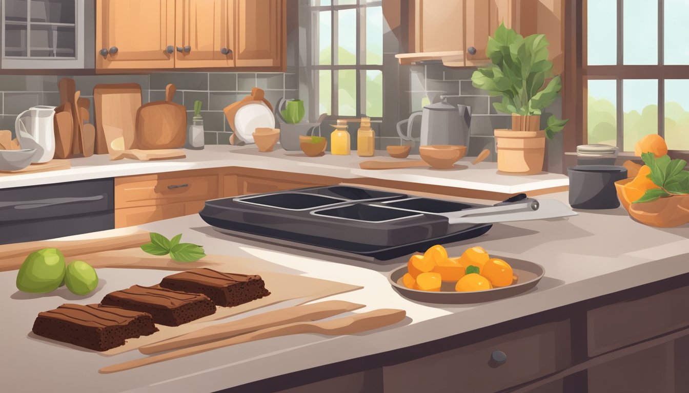 A kitchen counter with ingredients and utensils for making no bake brownies, surrounded by a warm and inviting atmosphere