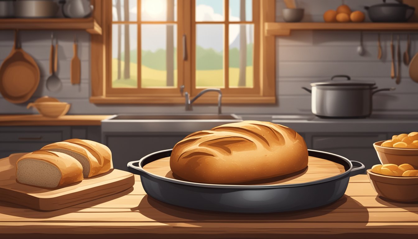 A freshly baked dutch oven bread loaf sits on a wooden cutting board, surrounded by a rustic kitchen with a warm, inviting atmosphere