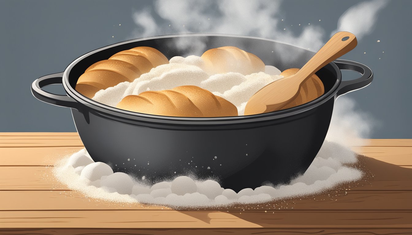 A rustic Dutch oven sits on a wooden table, steam rising from a freshly baked loaf of bread nestled inside. The oven is surrounded by a scattering of flour and a few scattered bread crumbs