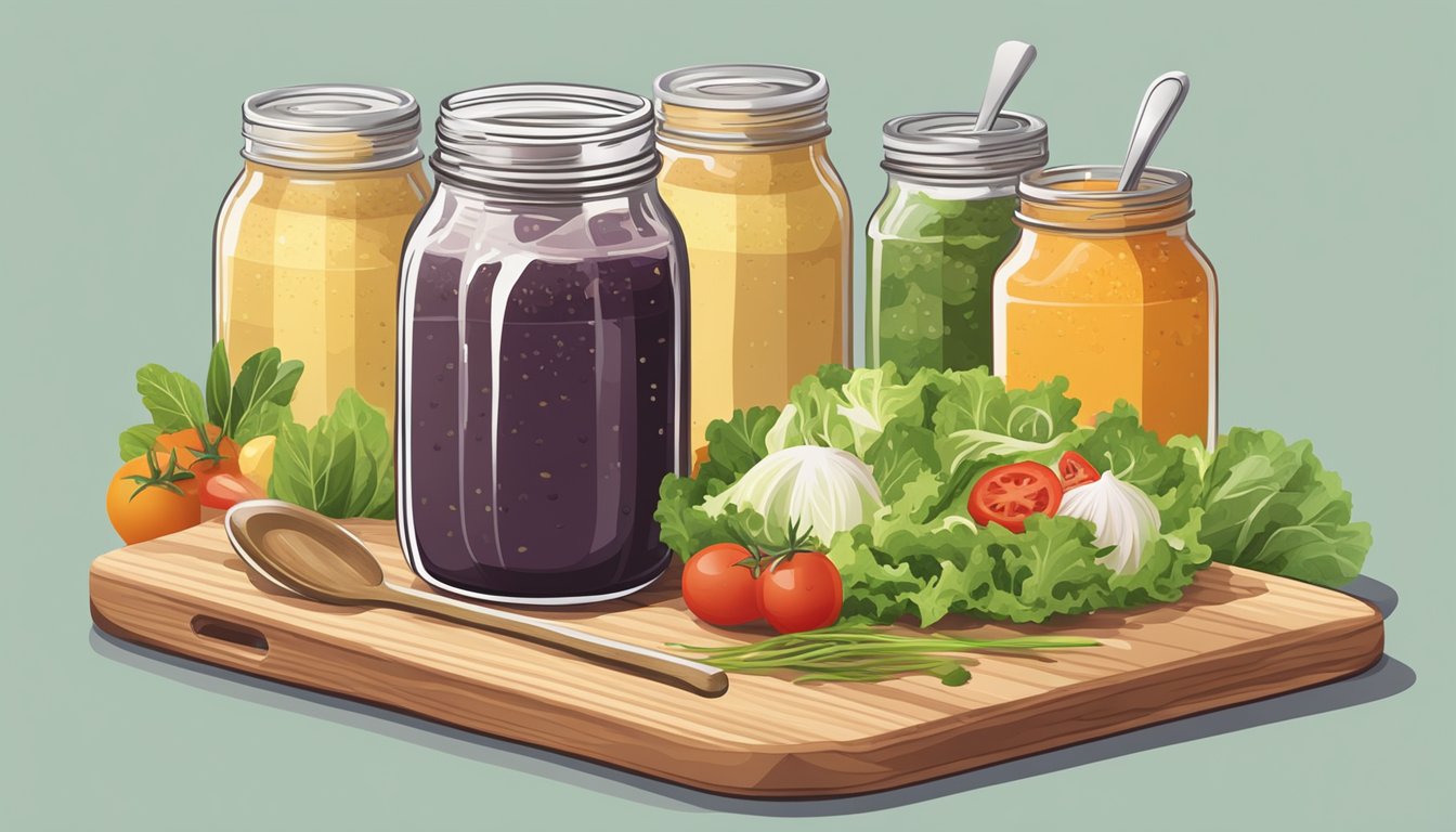 A mason jar filled with salad dressing, surrounded by fresh ingredients and a mixing spoon on a wooden cutting board