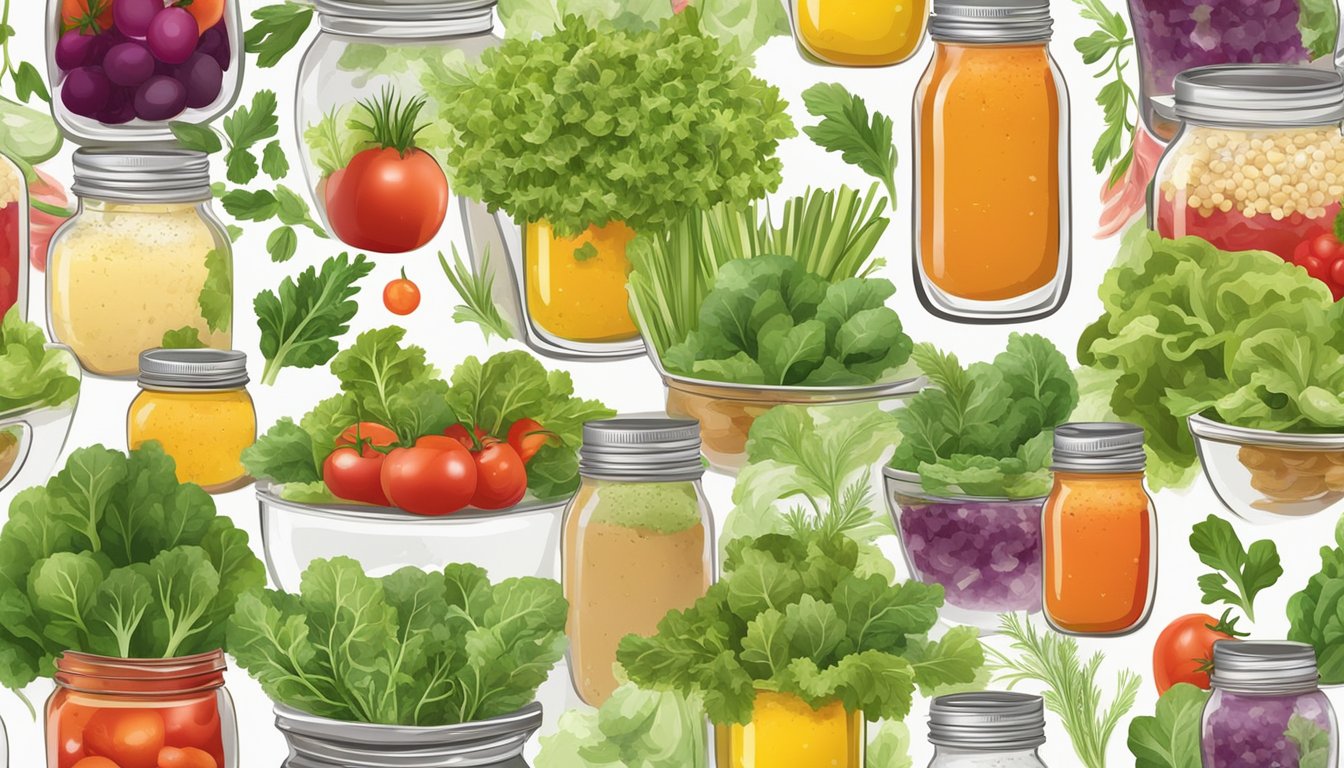 A mason jar filled with colorful layers of salad dressing ingredients, surrounded by fresh vegetables and herbs