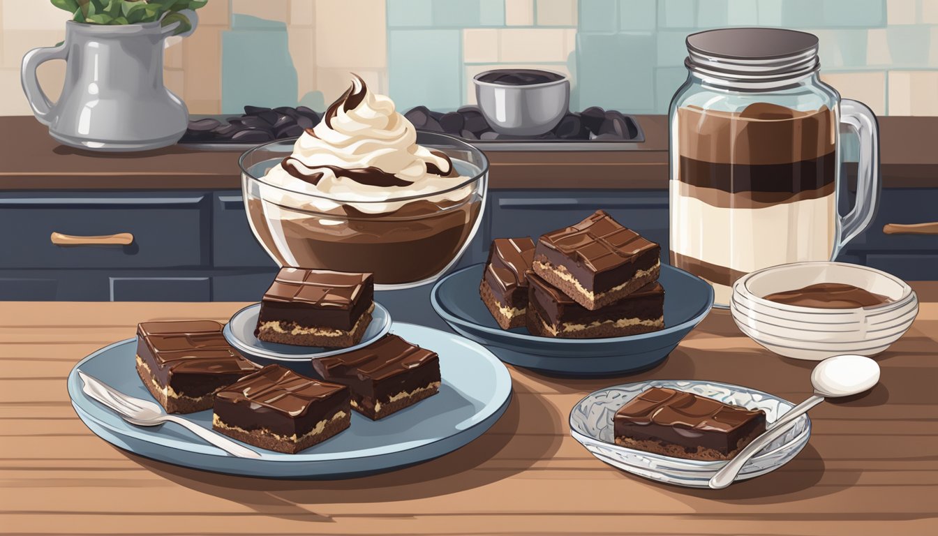 A kitchen counter displays a tray of no-bake brownies with a stack of decorative plates next to it. A jar of chocolate sauce and a bowl of whipped cream sit nearby