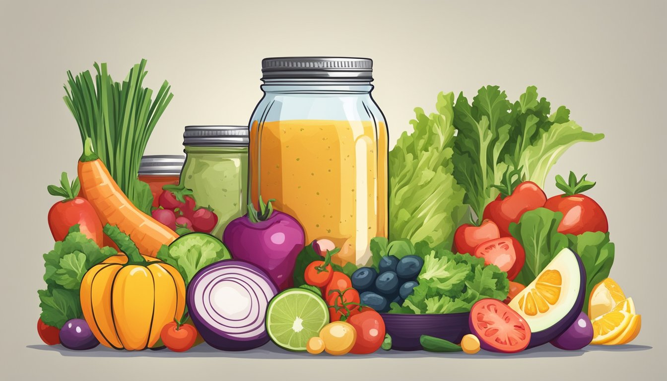 A colorful array of fresh vegetables and fruits arranged next to a mason jar filled with homemade salad dressing, surrounded by various salad toppings and ingredients