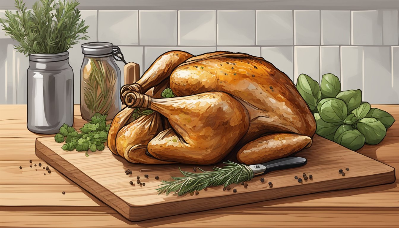 A whole faux rotisserie chicken on a cutting board surrounded by herbs and spices, with a chef's knife and kitchen twine nearby