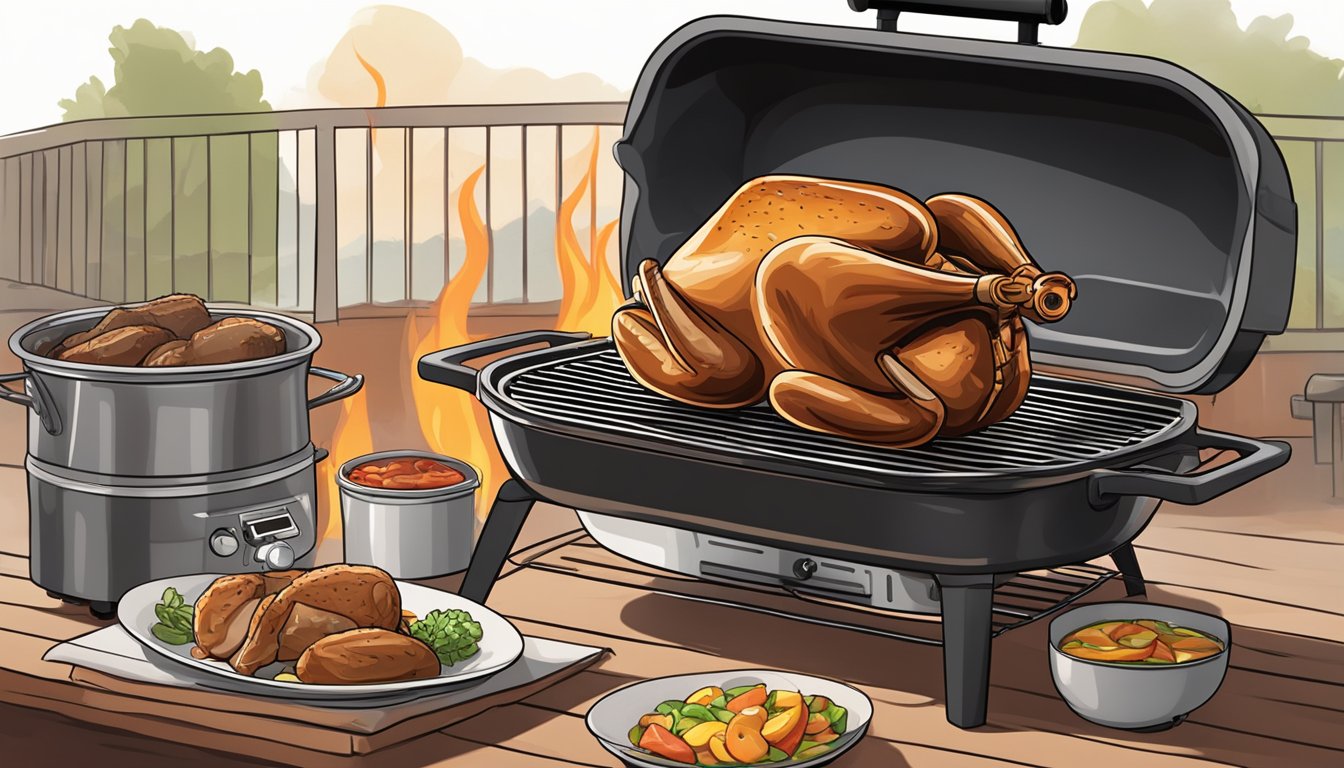 A faux rotisserie chicken rotating on a spit over an open flame next to a grill and a slow cooker