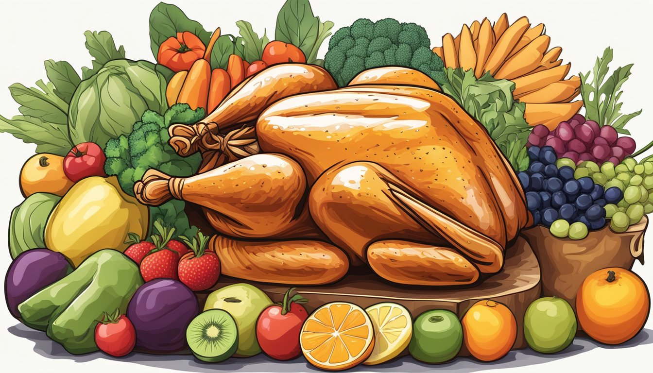 A faux rotisserie chicken surrounded by a variety of colorful fruits and vegetables, with a nutrition label displayed prominently