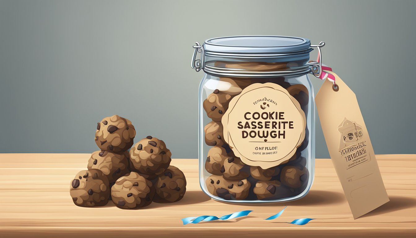 A glass jar filled with cookie dough truffles sits on a wooden shelf next to a stack of wax paper and a ribbon-tied tag