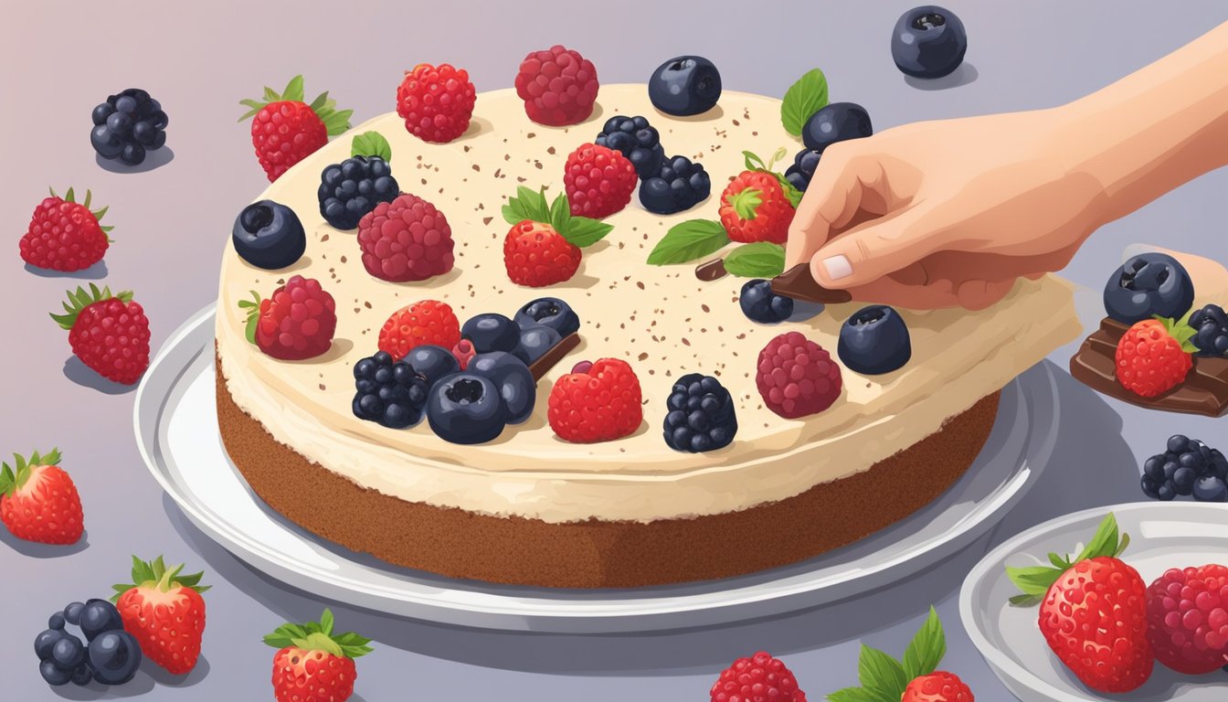 A hand sprinkles fresh berries and grated chocolate on a creamy no-bake cheesecake in a graham cracker crust