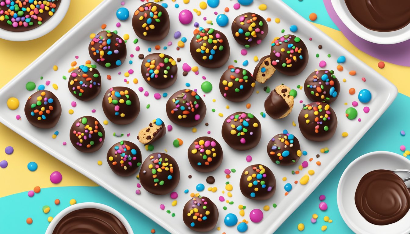 A plate of no bake cookie dough truffles surrounded by colorful sprinkles and served with a side of chocolate dipping sauce