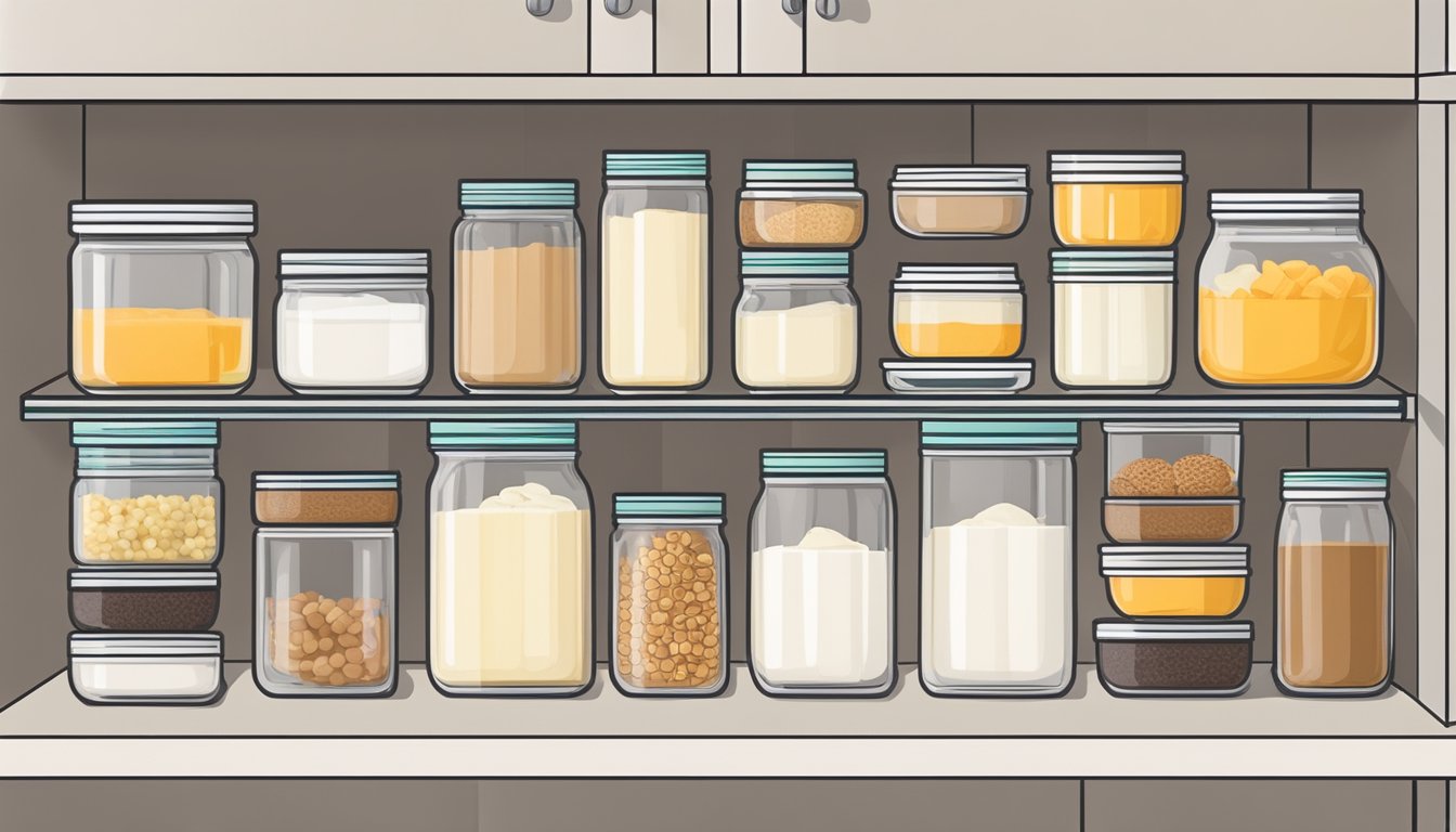 A neatly organized refrigerator shelf with pre-made no bake cheesecakes in clear, airtight containers alongside labeled ingredients and utensils for assembly