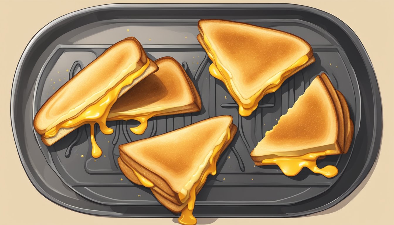 A golden-brown grilled cheese sandwich sizzling on a hot iron griddle. Melting cheese oozes out from between two slices of perfectly toasted bread