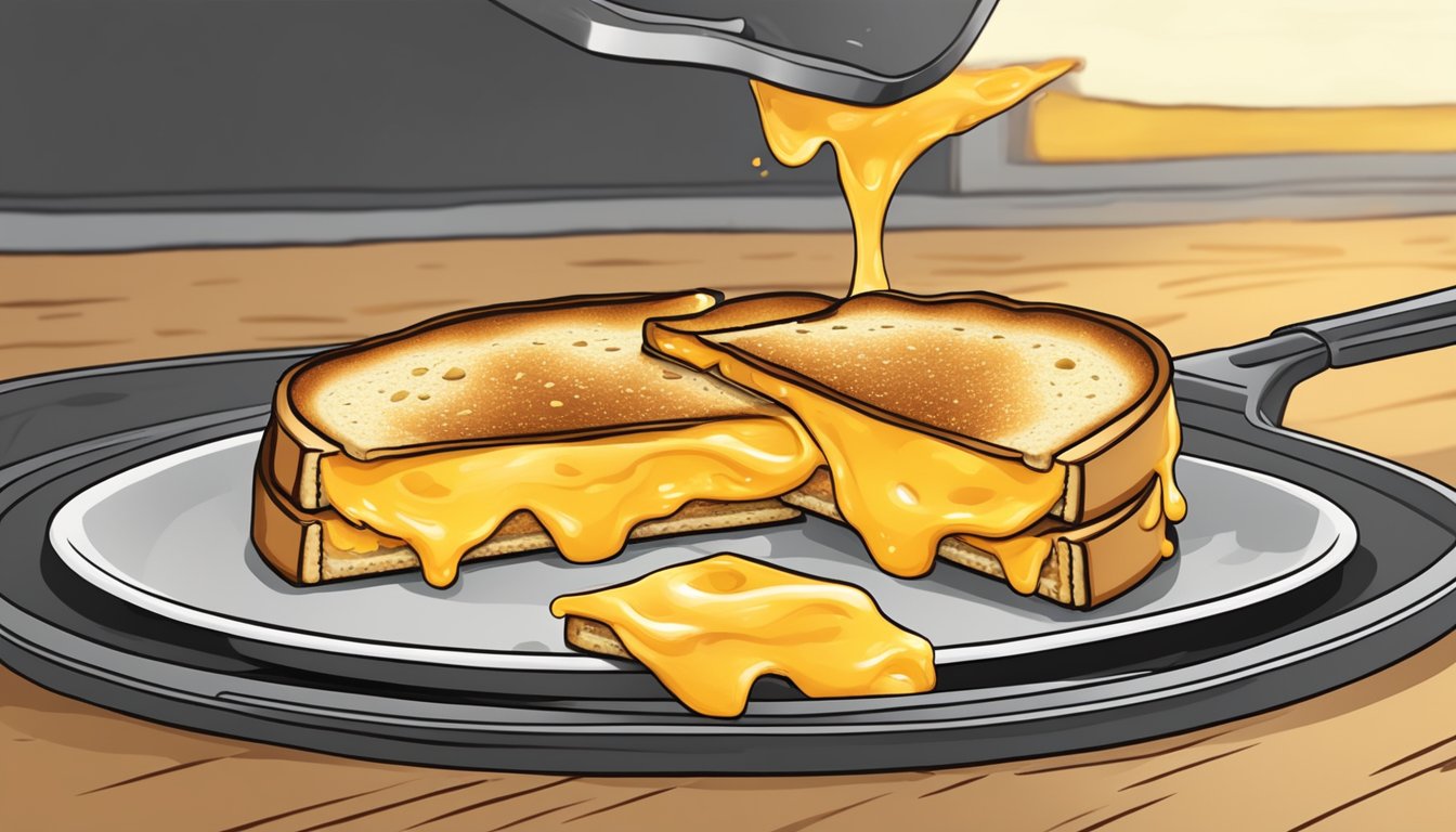 A golden grilled cheese sizzling on a hot iron skillet, with melted cheese oozing out from between perfectly toasted bread slices