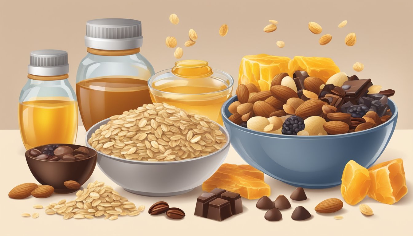 A variety of flavorings and mix-ins scattered around a bowl of oats and honey, including nuts, dried fruits, and chocolate chips