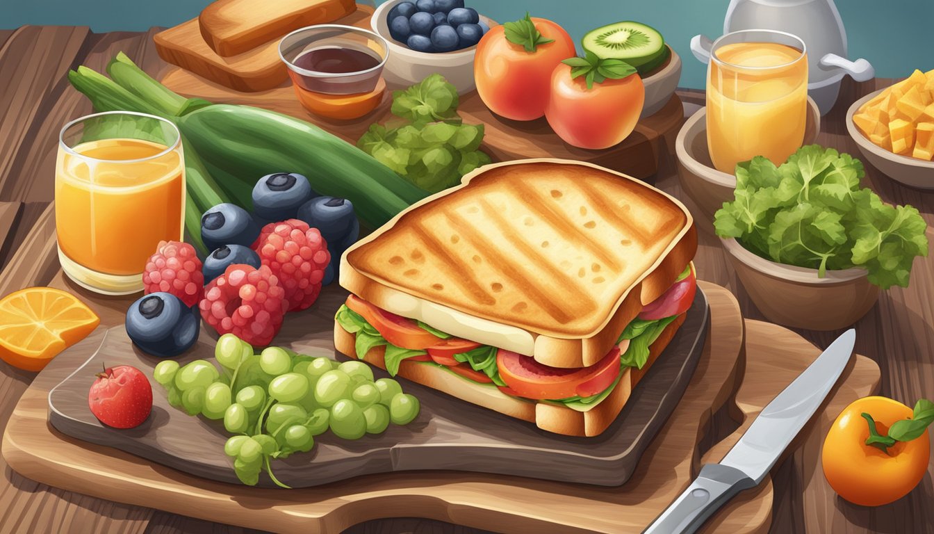 A sizzling iron grilled cheese sandwich surrounded by a variety of fresh, colorful fruits and vegetables on a wooden cutting board