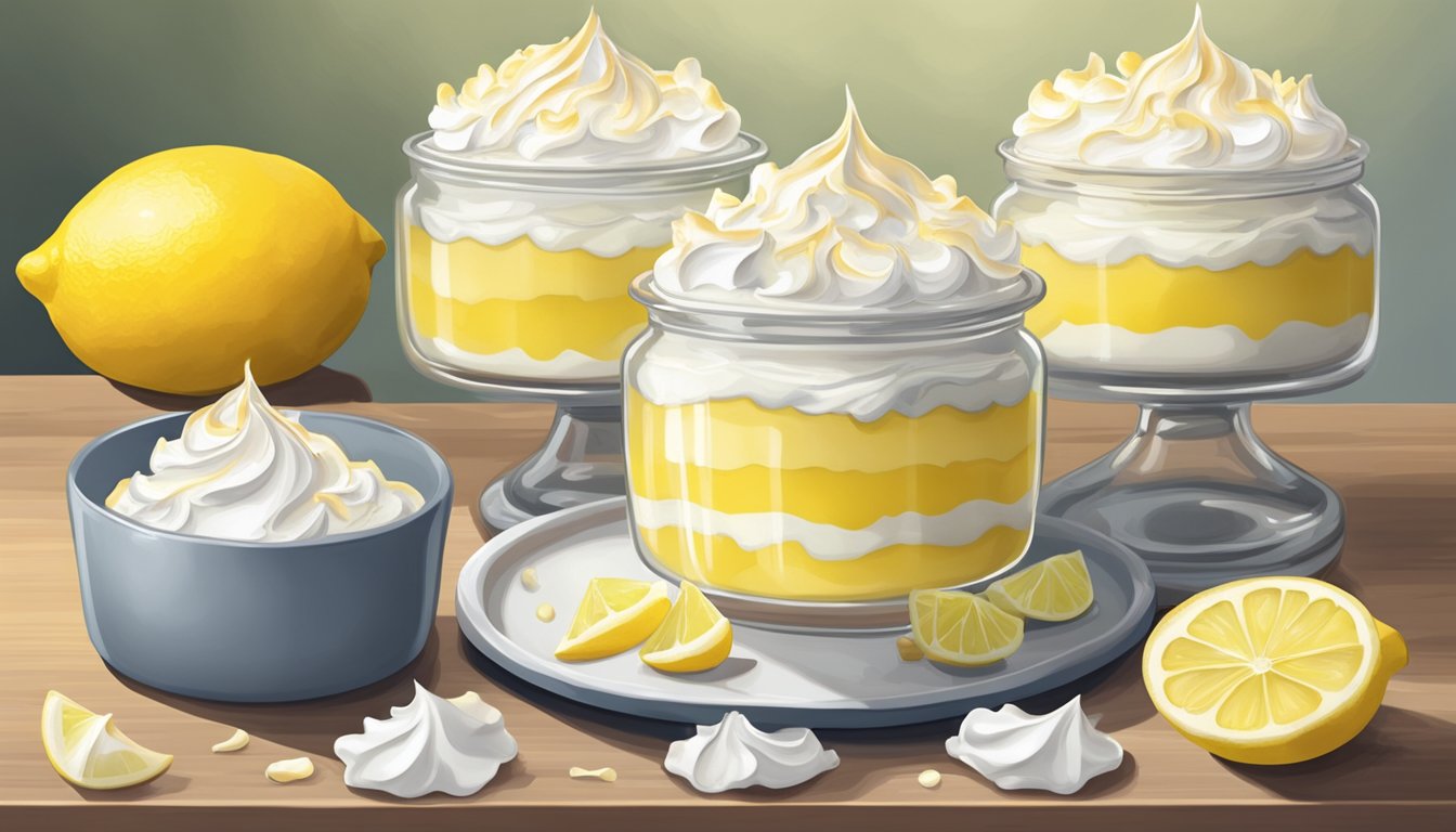 A pristine kitchen counter with a glistening no-bake lemon meringue pie surrounded by fresh lemons and a jar of fluffy meringue