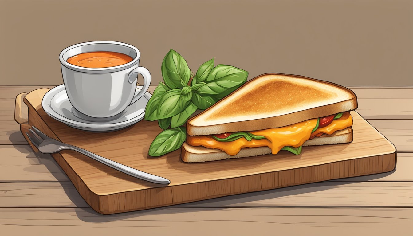 A golden-brown grilled cheese sandwich sits on a rustic wooden cutting board, accompanied by a dollop of tomato soup and a sprig of fresh basil