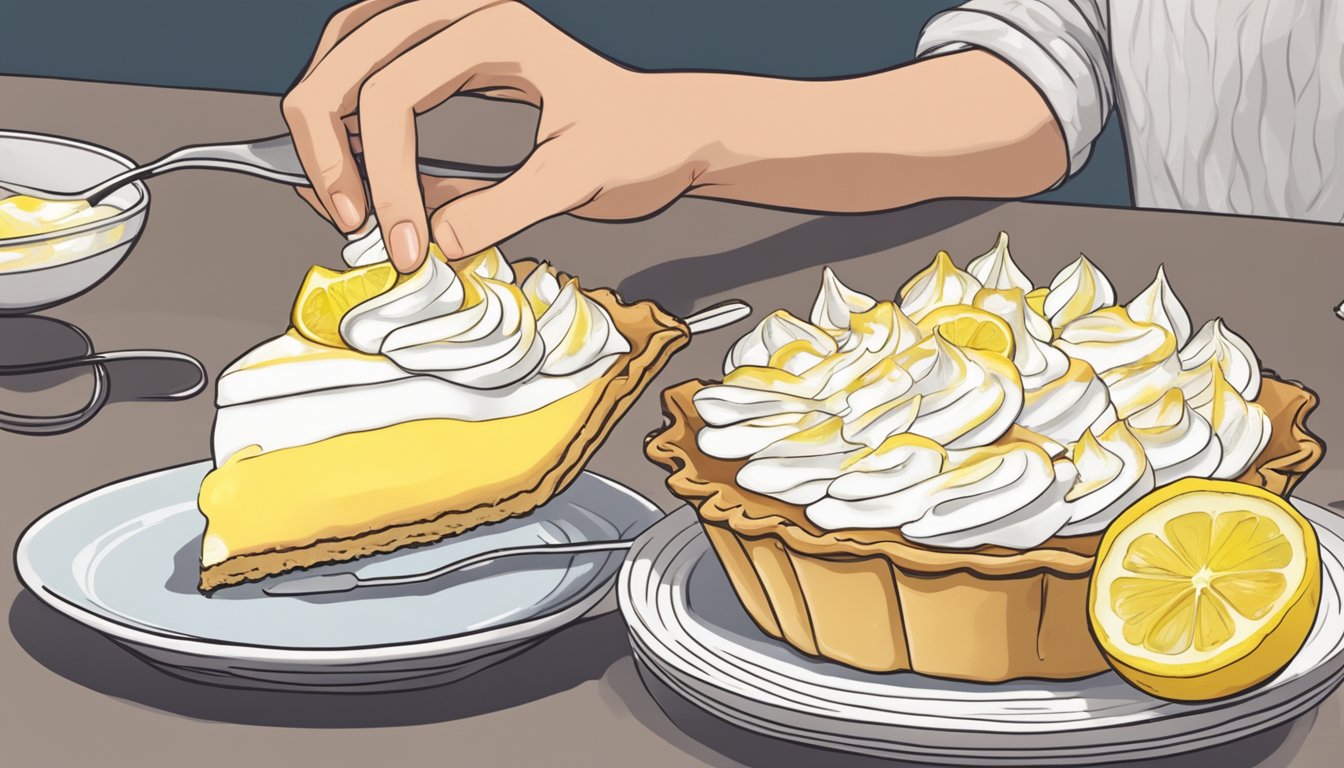 A hand placing a slice of lemon meringue pie onto a plate, with a dollop of whipped cream and a lemon slice as garnish