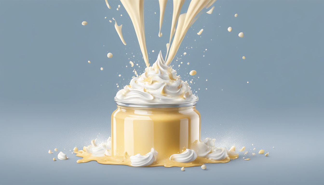 A jar of whipped cream being vigorously shaken, with droplets of cream splattering against the sides of the jar