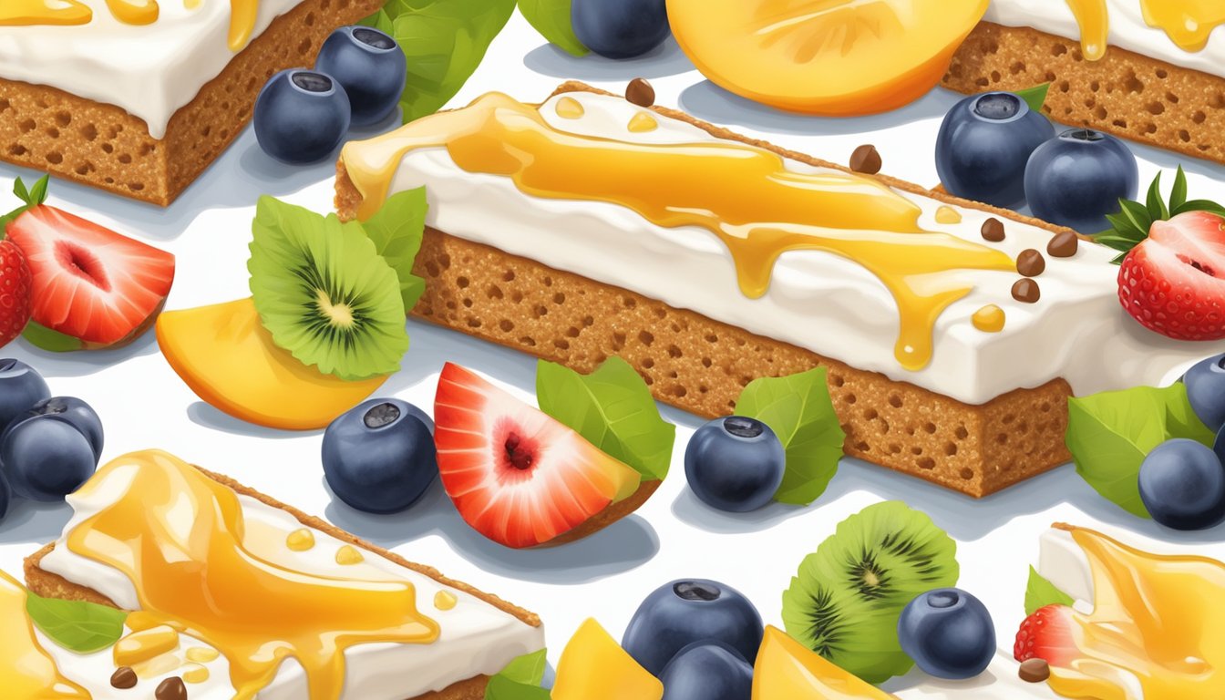 A graham cracker crust filled with creamy, whipped filling and topped with fresh fruit and a drizzle of honey