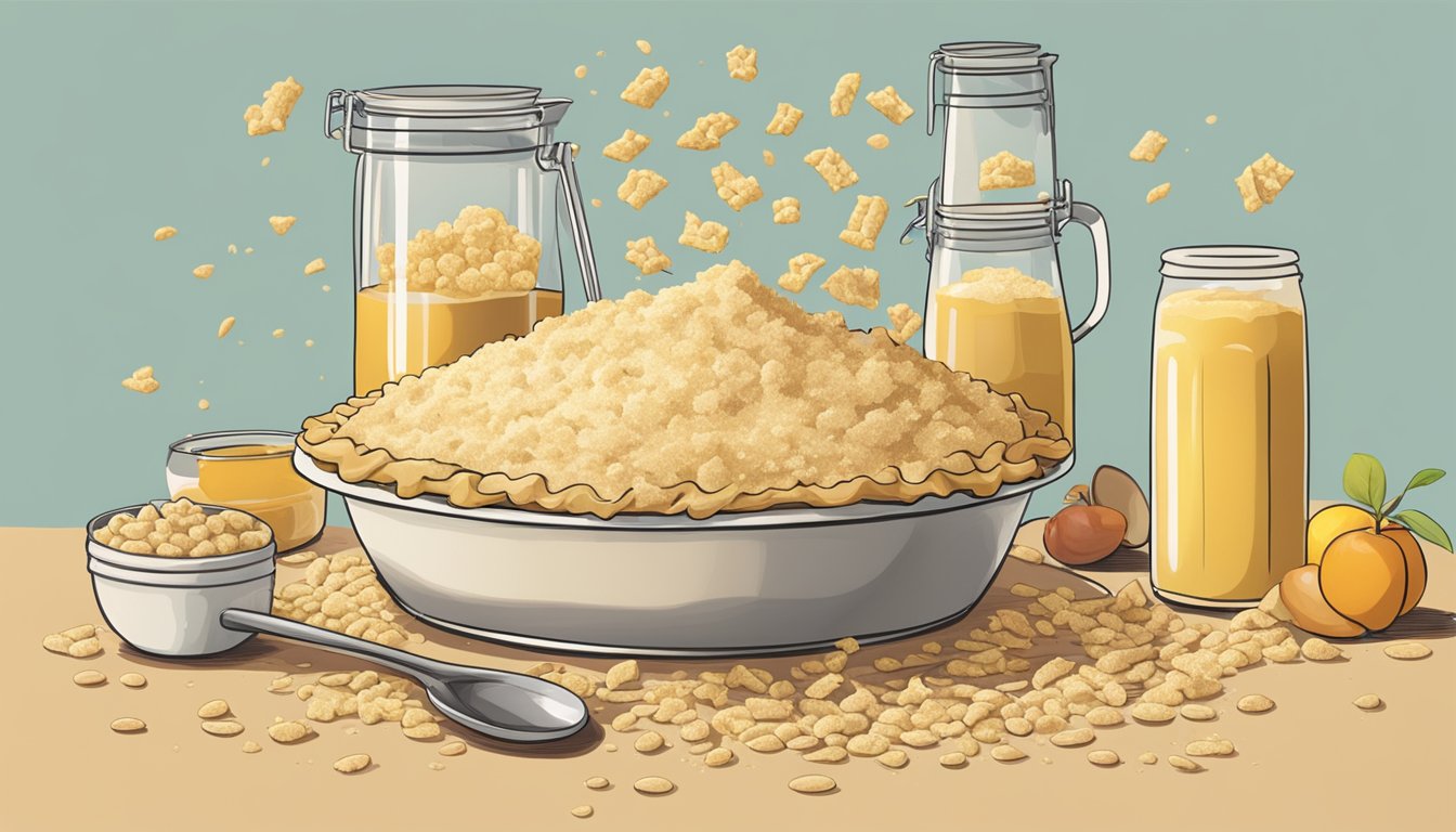 A pie crust crumbles as it's being filled, spilling ingredients onto the counter