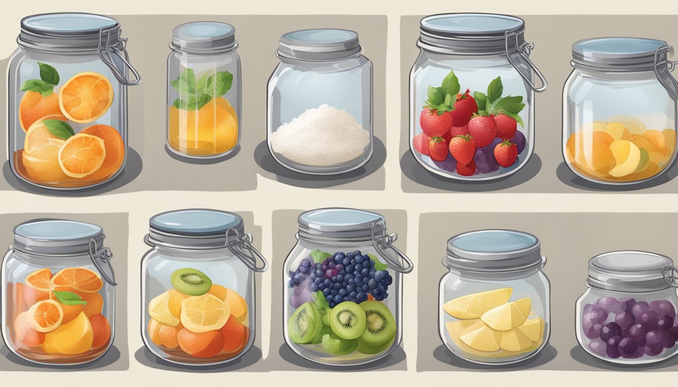 Fresh fruit being mashed in a pot, sugar being added, and the mixture simmering on a stove. Jars and lids laid out for filling