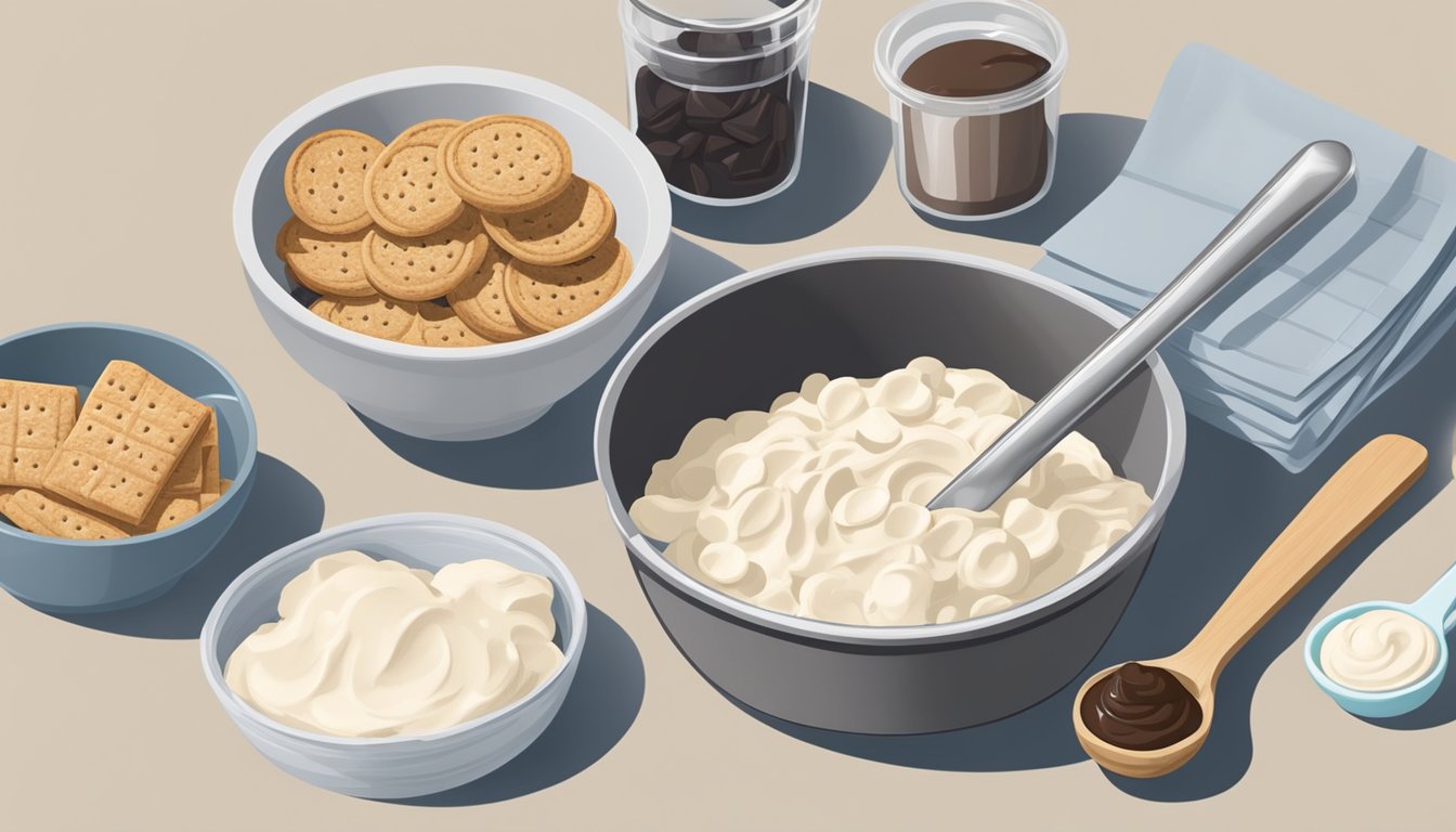 A countertop with ingredients like cream cheese, graham crackers, and chocolate chips laid out next to a mixing bowl and measuring spoons