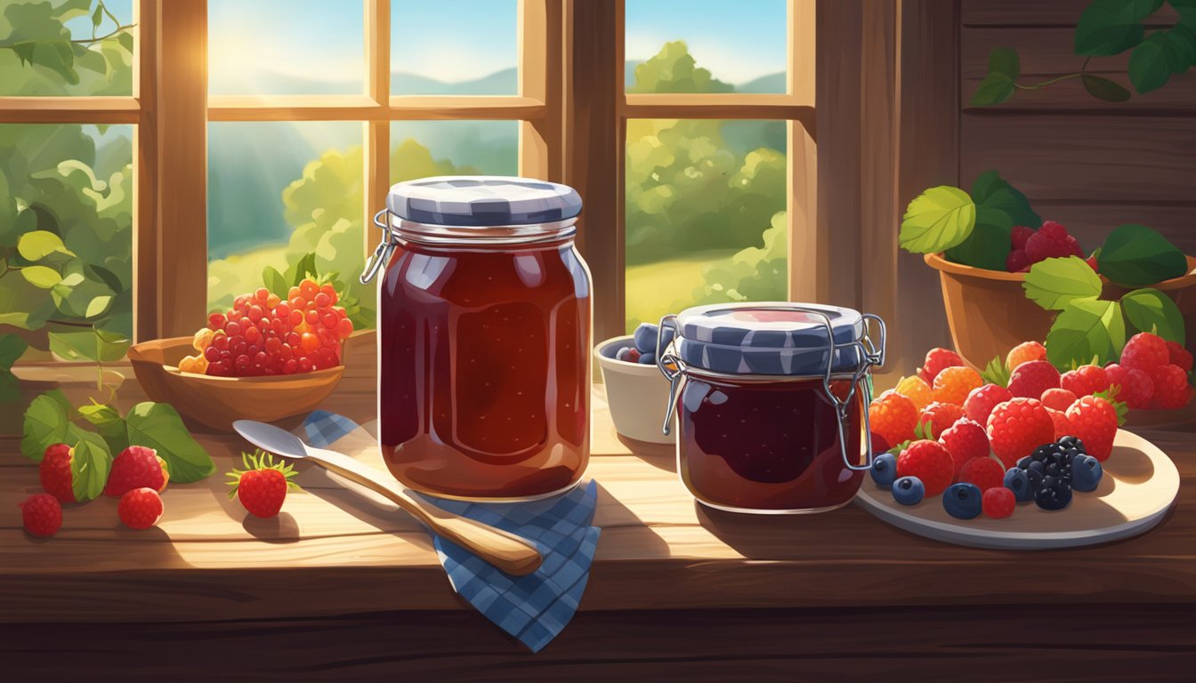 A jar of homemade jam sits on a rustic wooden table, surrounded by fresh berries and a spreader. Sunlight streams in through a nearby window, casting a warm glow on the scene