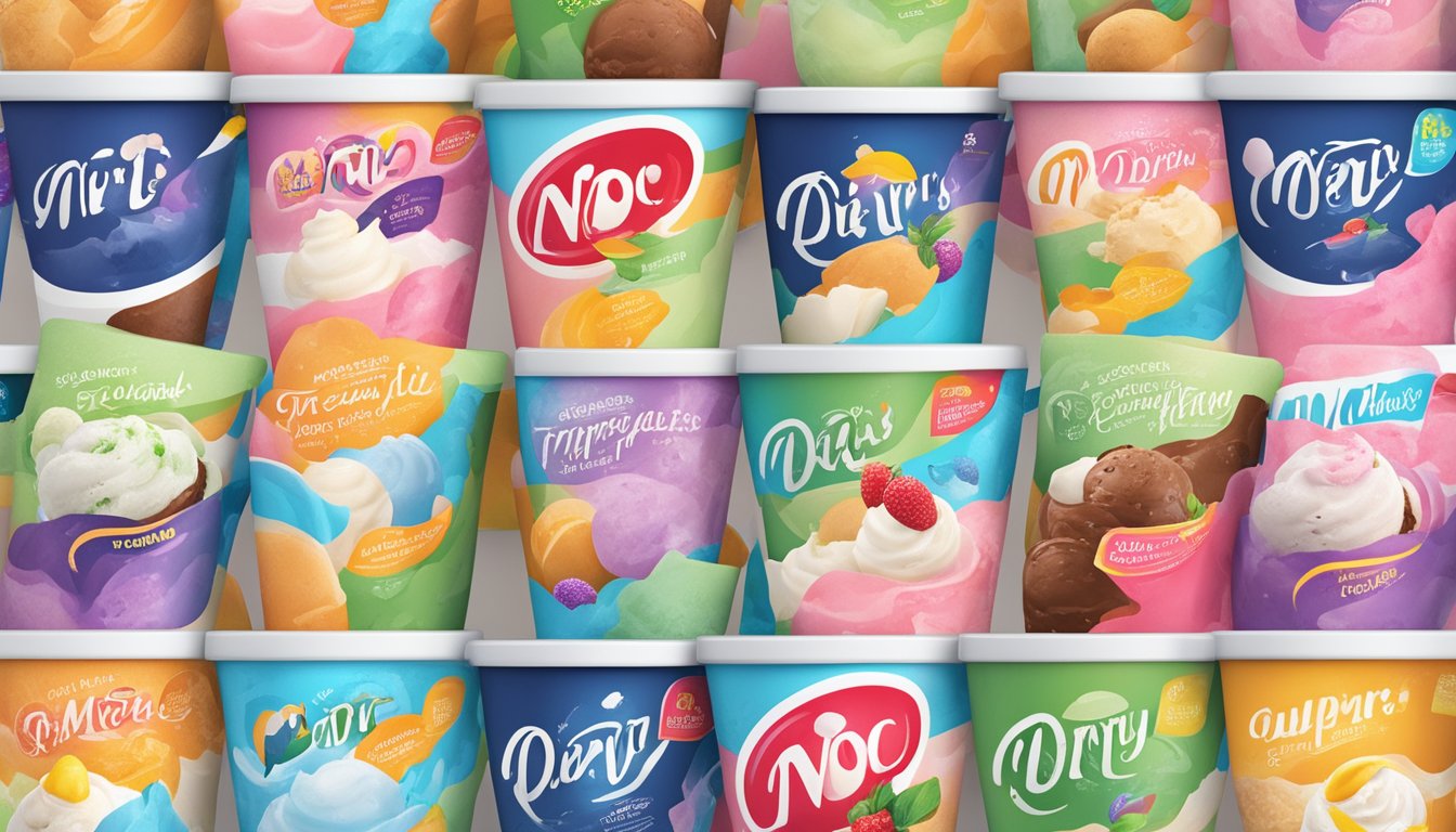 A colorful display of various no dairy ice cream flavors and brand logos