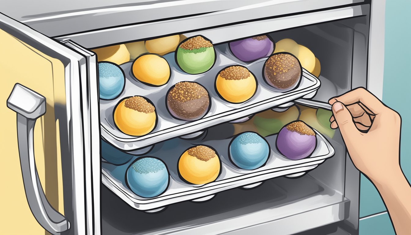 A tray of no bake cheesecake balls being placed in the refrigerator for storage