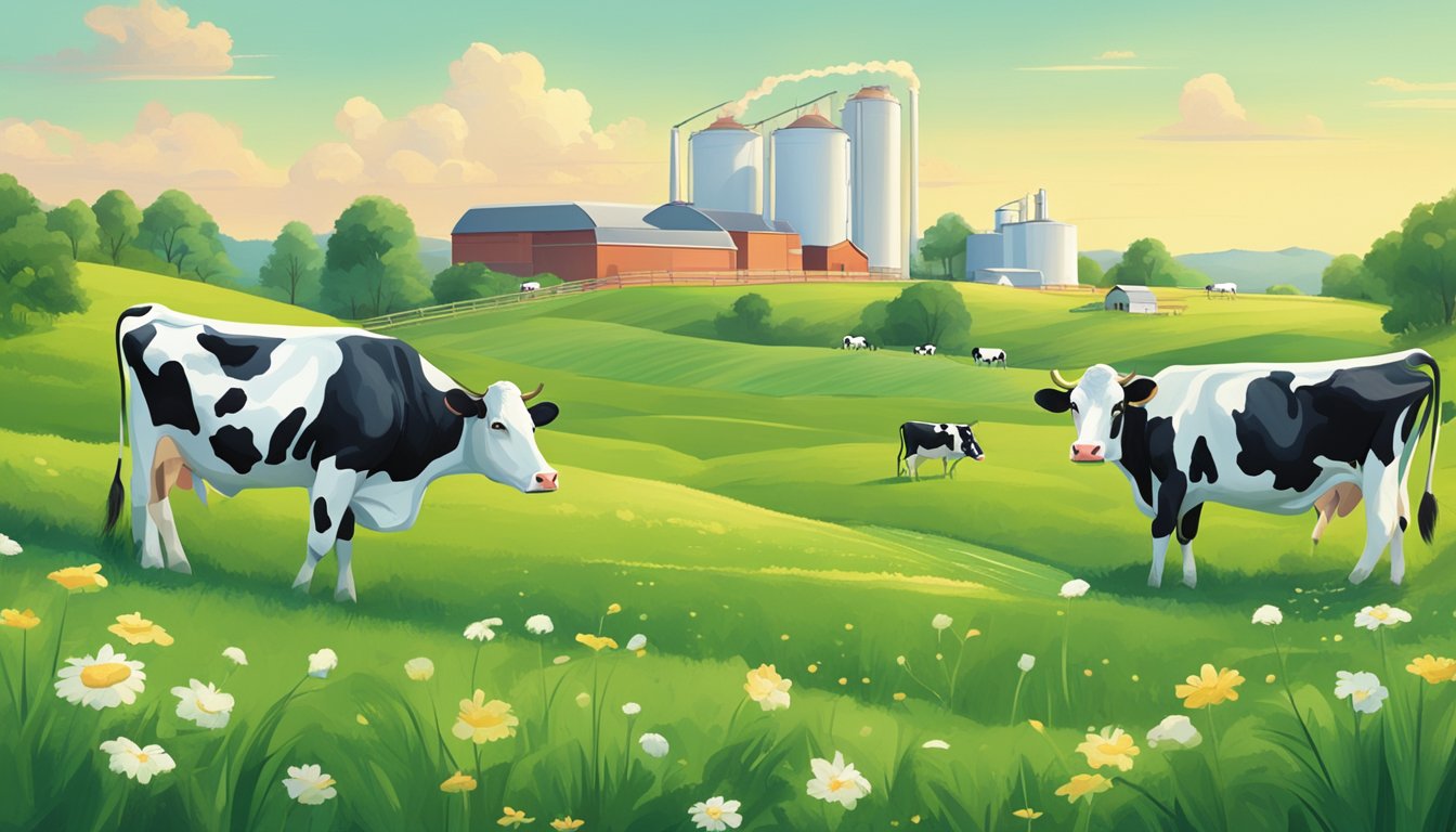 A lush green pasture with happy cows grazing, and a factory emitting no pollution while producing dairy-free ice cream