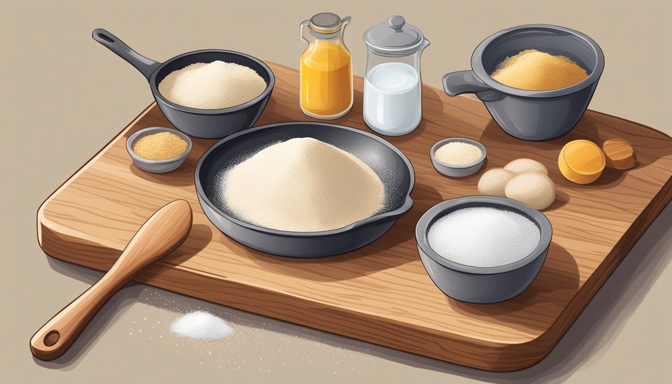 A wooden cutting board with flour, yeast, salt, and water. A mixing bowl with the ingredients being combined. A skillet heating on a stovetop