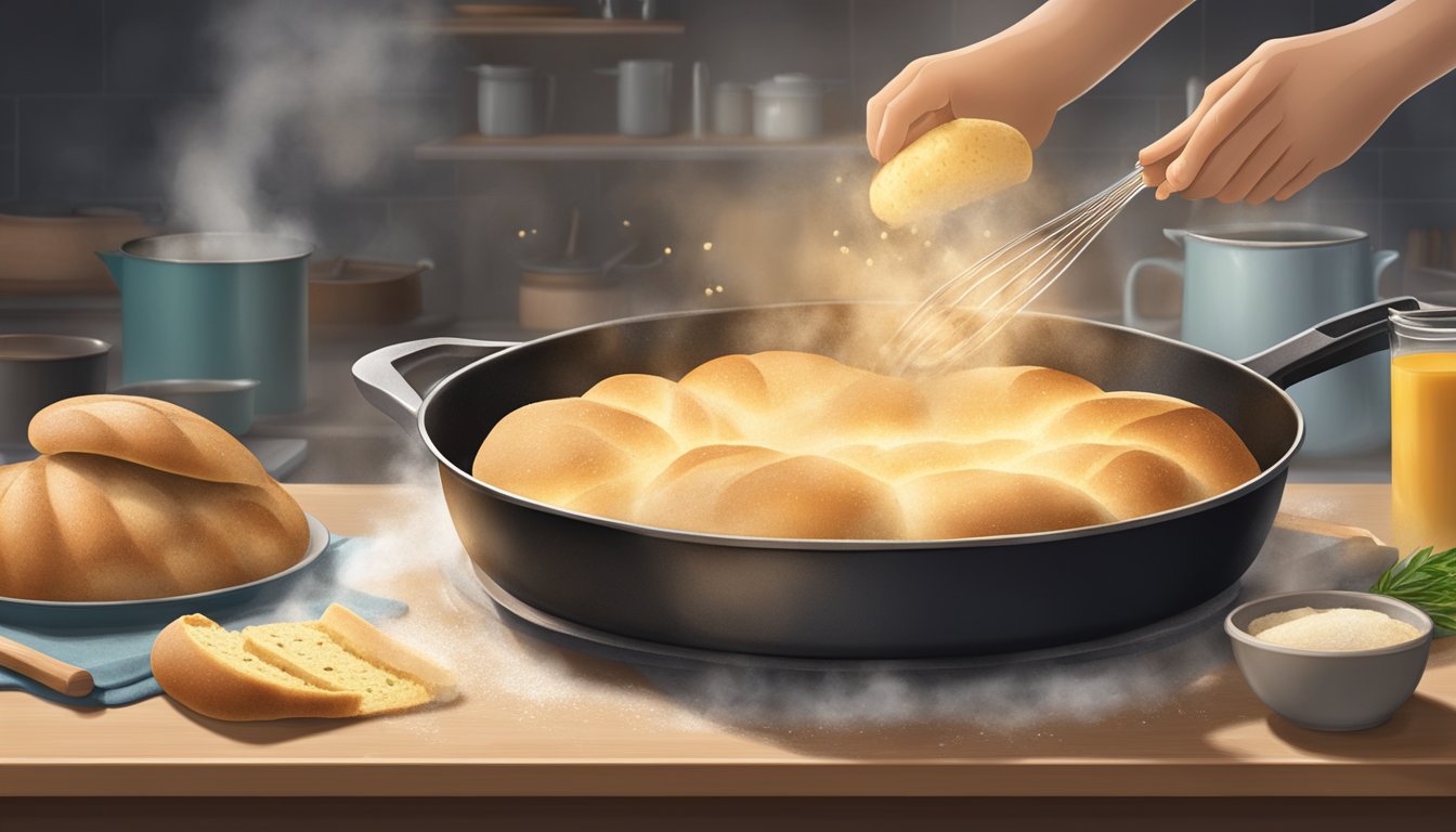 A hand reaching for a freshly baked skillet bread, steam rising from the golden crust. Ingredients and utensils scattered around the kitchen counter