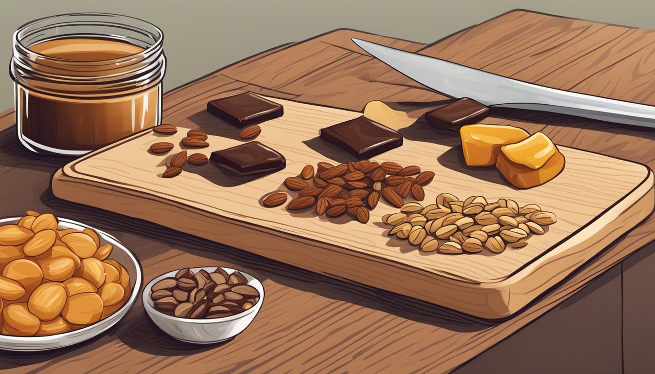 A wooden cutting board with oats, nuts, honey, and dried fruit arranged neatly. A jar of peanut butter and a bowl of melted chocolate sit nearby