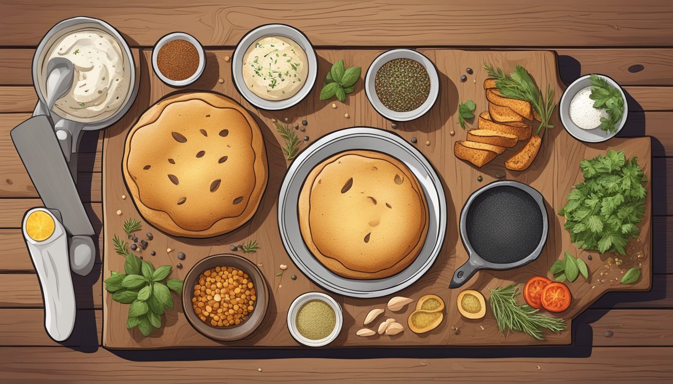 A rustic skillet bread surrounded by a variety of toppings and additions, such as herbs, seeds, and spices, displayed on a wooden cutting board