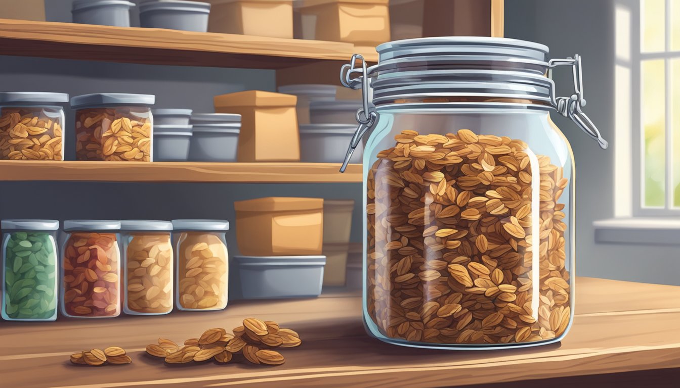 A glass jar filled with no bake granola bars, sealed with a lid, placed on a wooden shelf in a cool, dry pantry