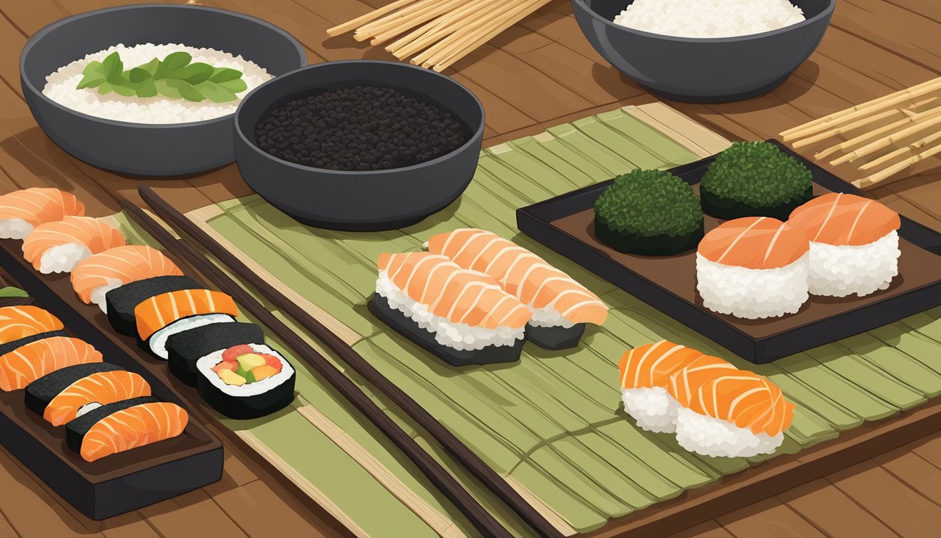 A bamboo rolling mat with nori sheets, rice, and various sushi fillings laid out on a wooden table