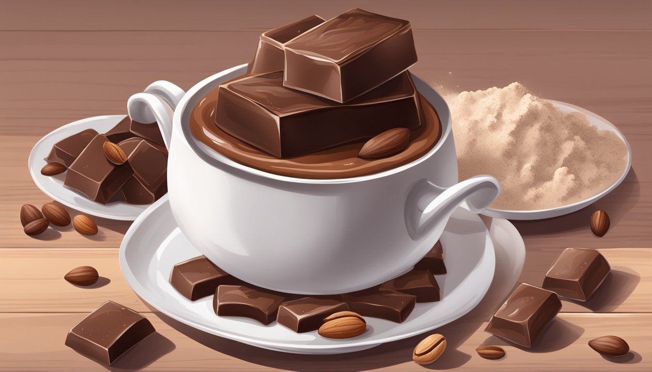 A glossy chocolate fudge sits in a white ceramic pot on a wooden table, surrounded by scattered cocoa powder and a few whole nuts