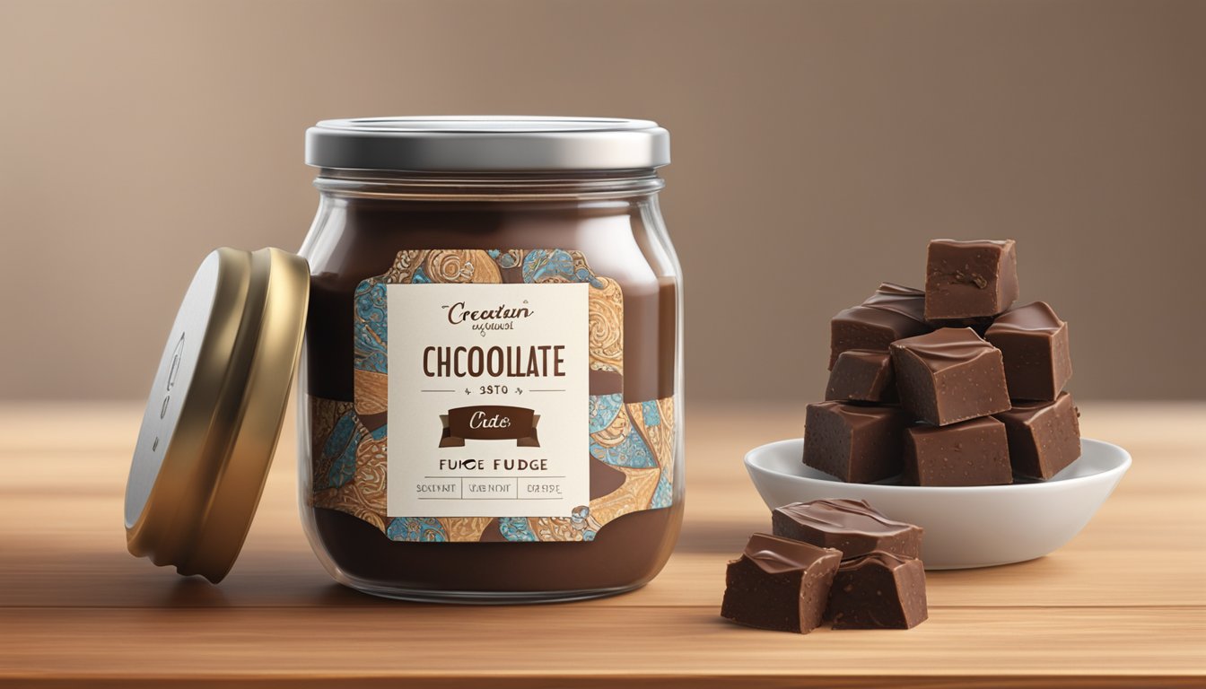 A glass jar filled with rich, glossy chocolate fudge sits on a rustic wooden countertop, sealed with a patterned fabric lid. A small label marks the date of creation