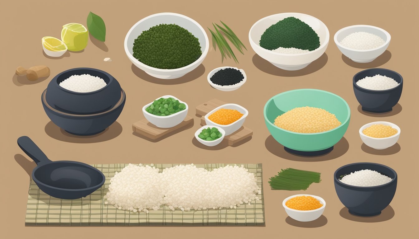 Ingredients arranged on a clean surface: nori, rice, fillings. Rolling mat nearby