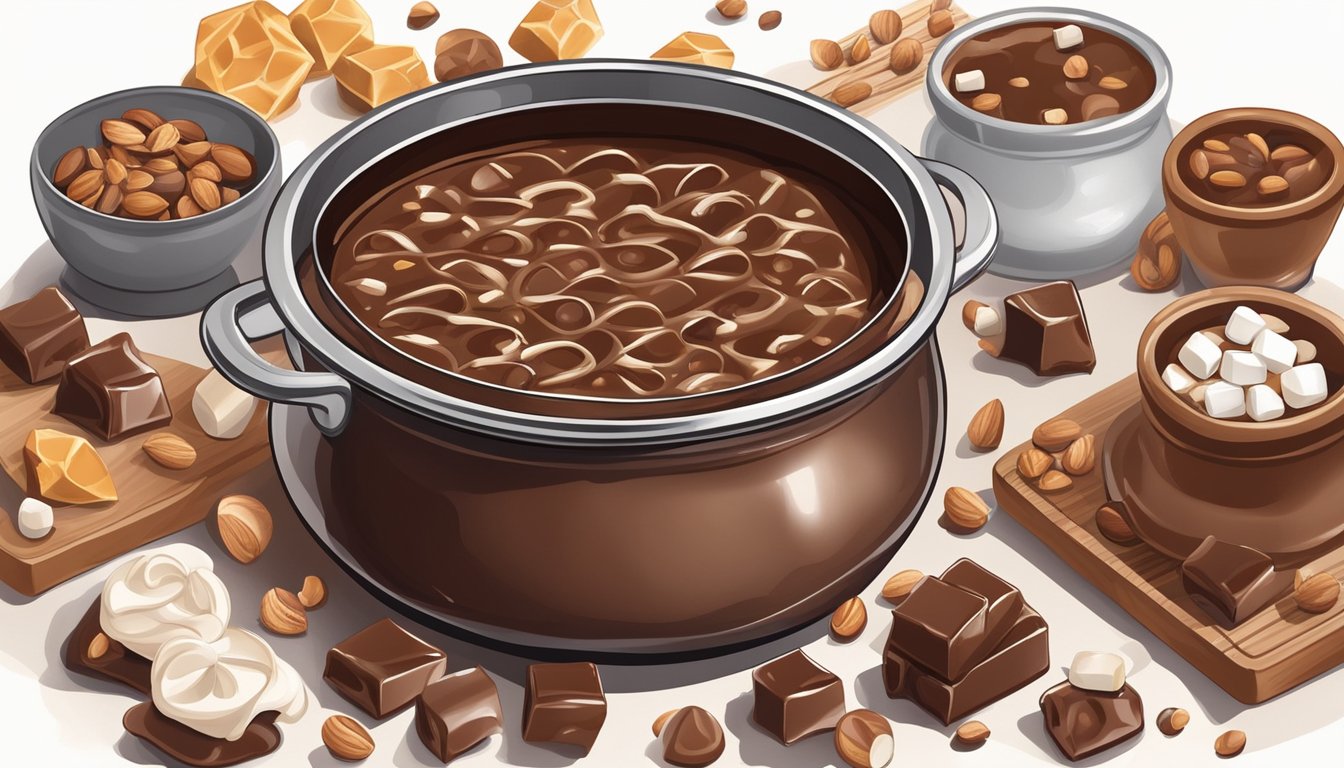 A bubbling pot of rich, glossy chocolate fudge on a stovetop, surrounded by an array of ingredients like nuts, marshmallows, and caramel swirls