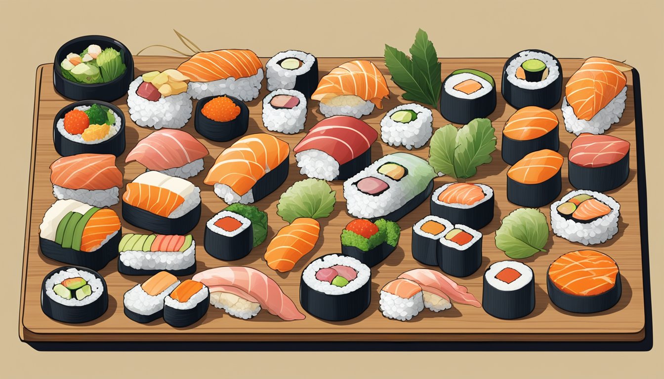 A colorful array of sushi varieties arranged on a simple wooden platter